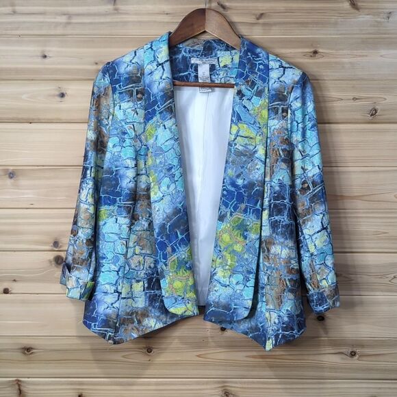 Alberto Makali Jacket Womens Medium Blue Patterned Blazer Open Front Art - Picture 1 of 9